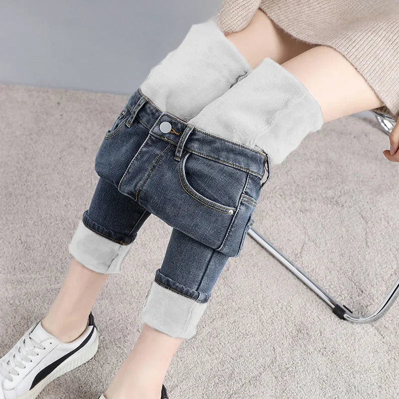 Damen Winter Warm Thermo Jeans Hose Innenfleece Stretch Hosen Leggins Denim