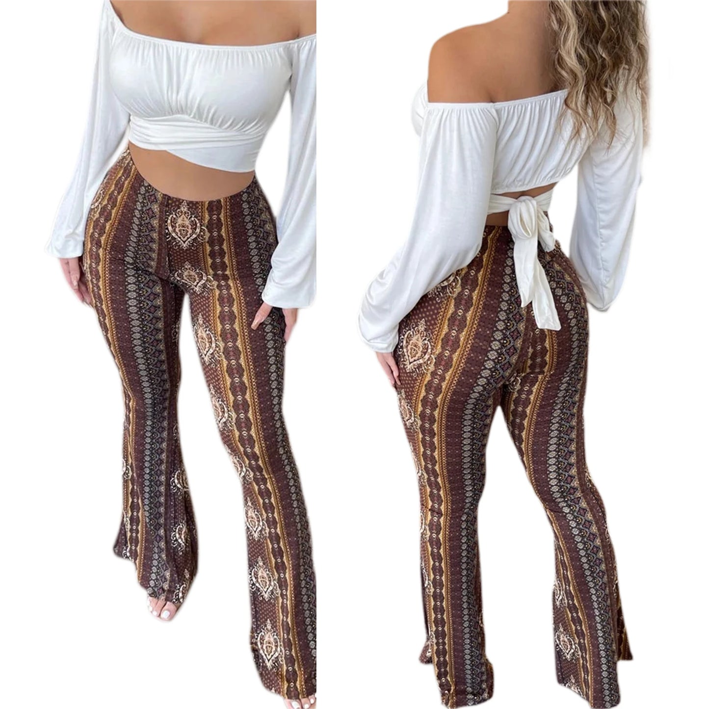 Damen Hose Bootcut Hüftjeans Schlaghose Flared Leggins Flower Power Retro Boho