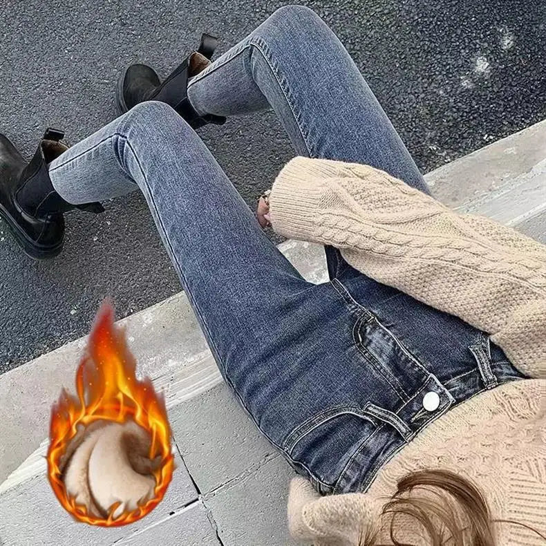 Damen Winter Warm Thermo Jeans Hose Innenfleece Stretch Hosen Leggins Denim