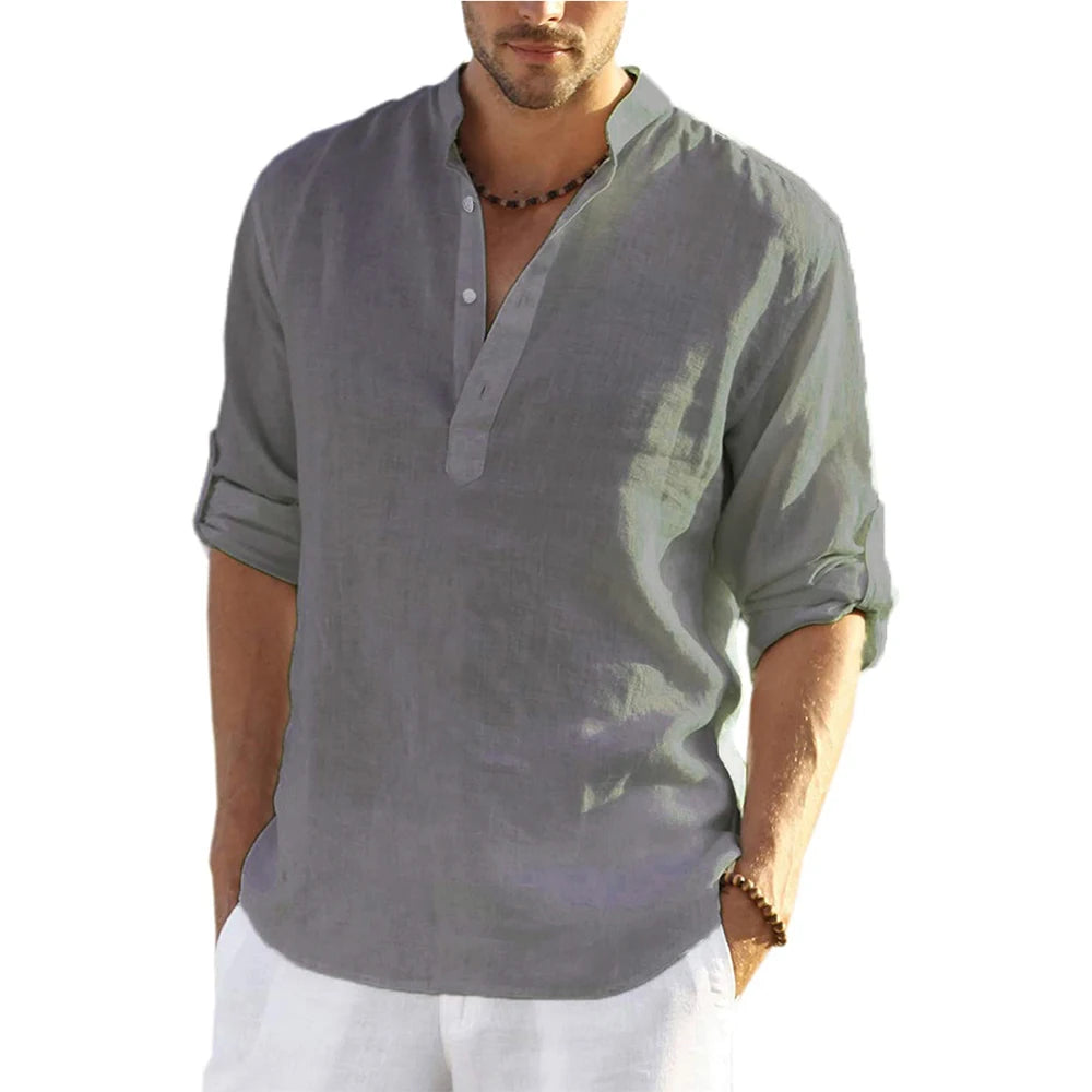 Herren Hemd Poloshirt Leinenhemd Kurzarm T-Shirt Leinen Polohemd Freizeithemd
