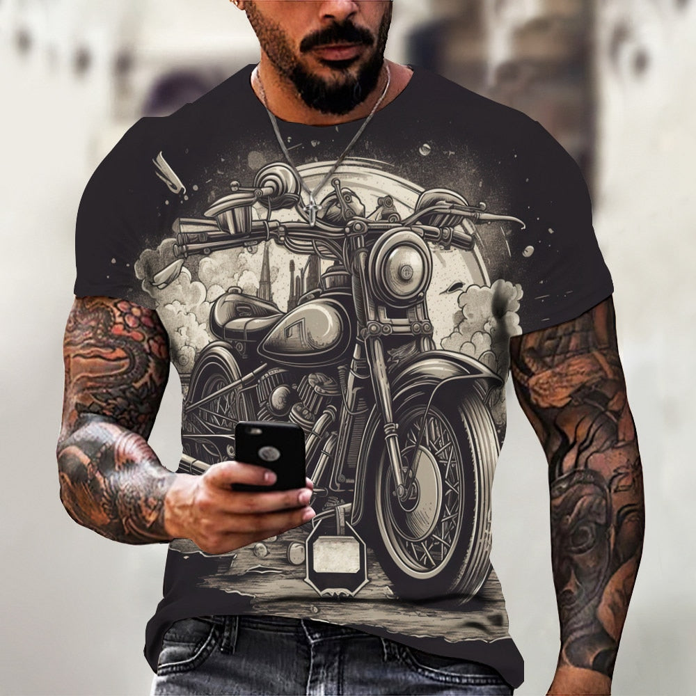 Herren Fashion Vintage Biker 3D T-Shirt Rundhals Unisex Sommer Streetwear