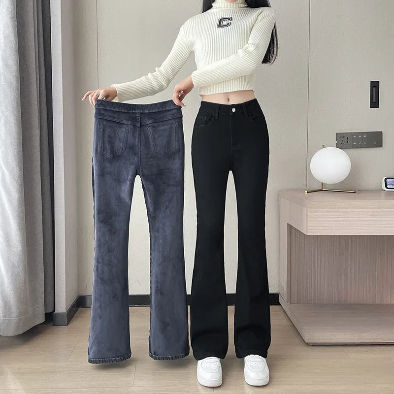 Damen Winter Warm Thermo Jeans Hose Innenfleece Stretch Hosen Leggins Denim