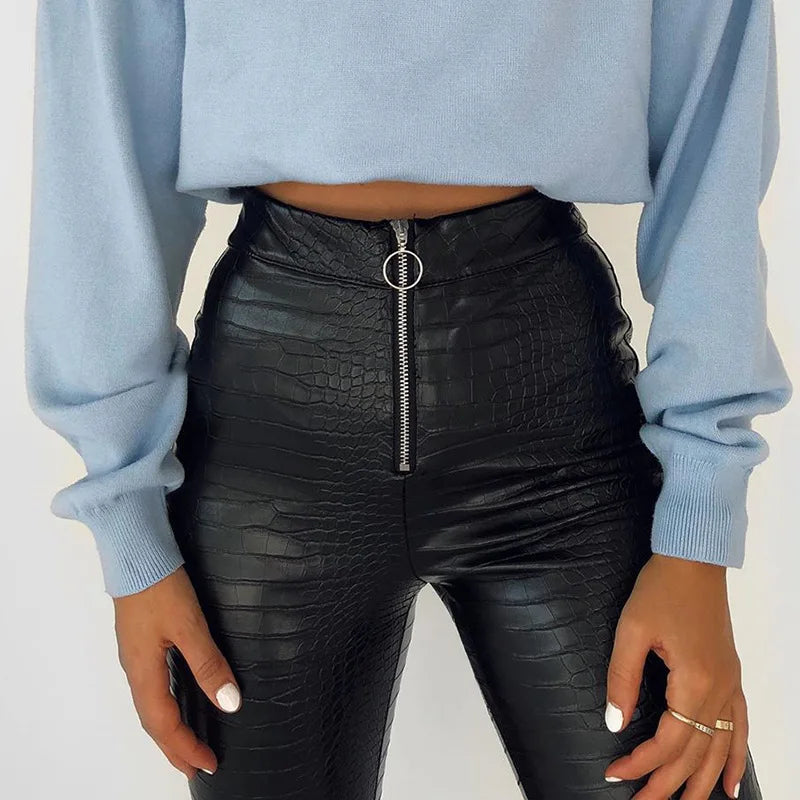 Sexy Damen Leggings Push Up Leggins Hose glänzendes PU Lederhose Reißverschluss