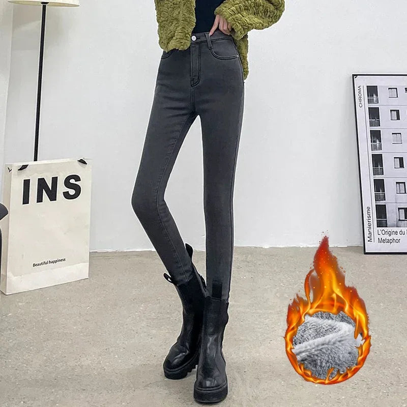 Damen Winter Warm Thermo Jeans Hose Innenfleece Stretch Hosen Leggins Denim