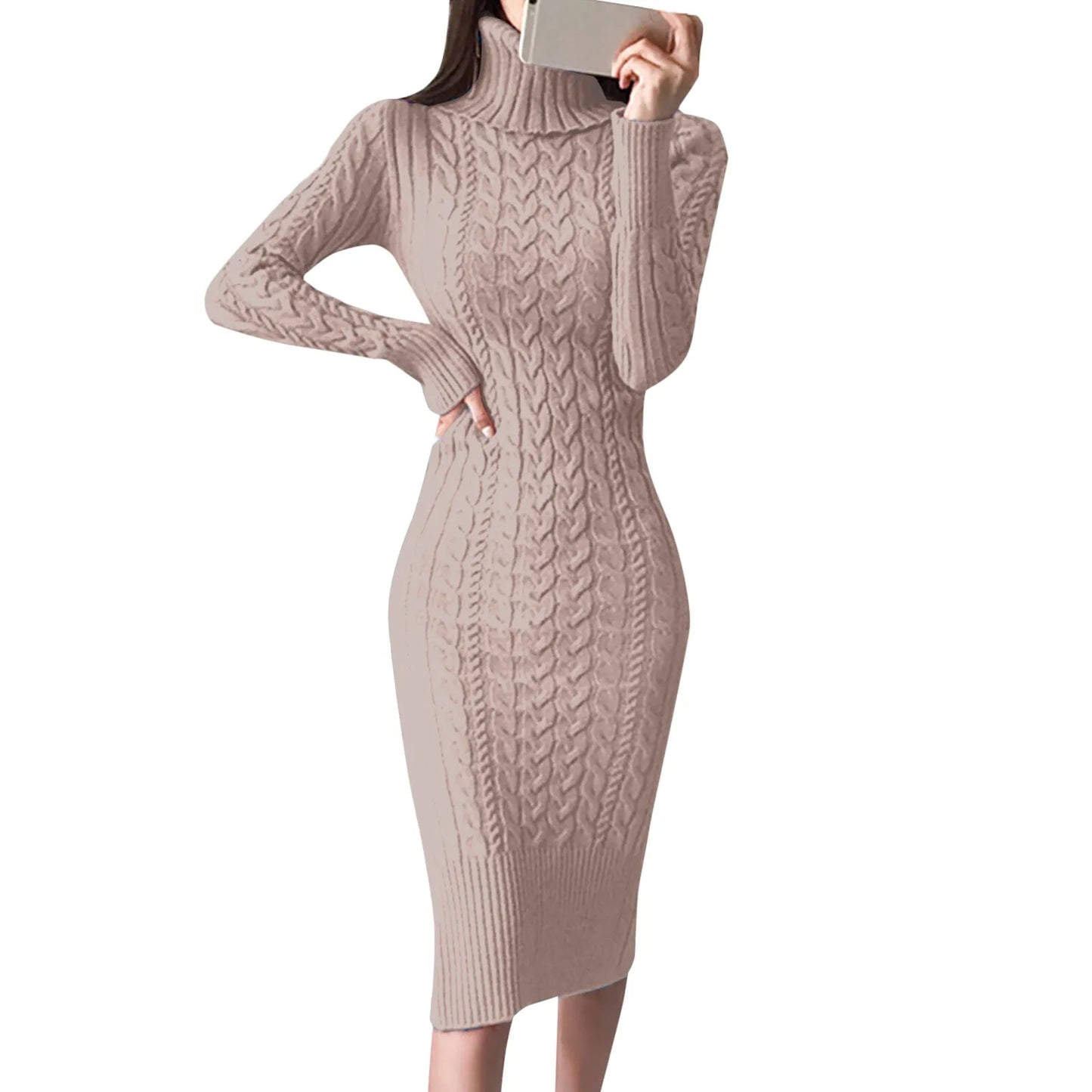 Damen Wollkleid Rollkragen Stiefelkleid Herbstkleid Winterkleid Strickkleid Long