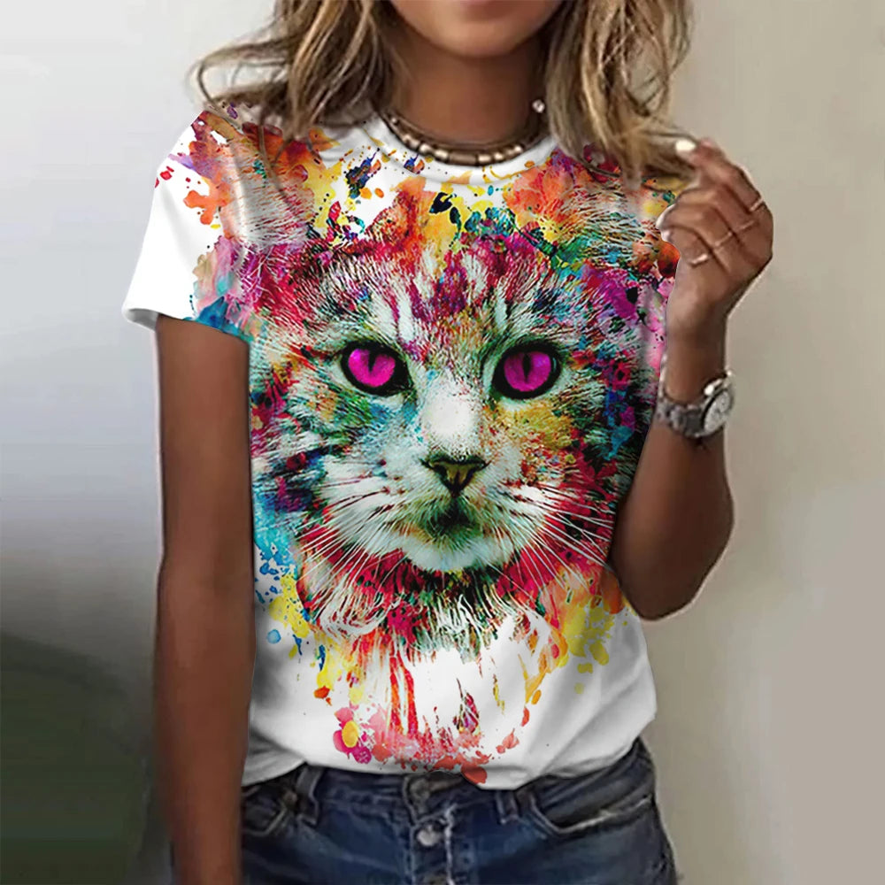 Damen Sommer Top 3D Katzen T-Shirt Rundhals Streetwear lockeres Damentop Bluse