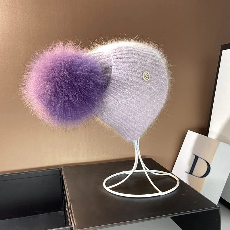Damen Wolle Mütze Wintermütze Strickmütze Gefüttert Pudelmütze Bommel Skimütze