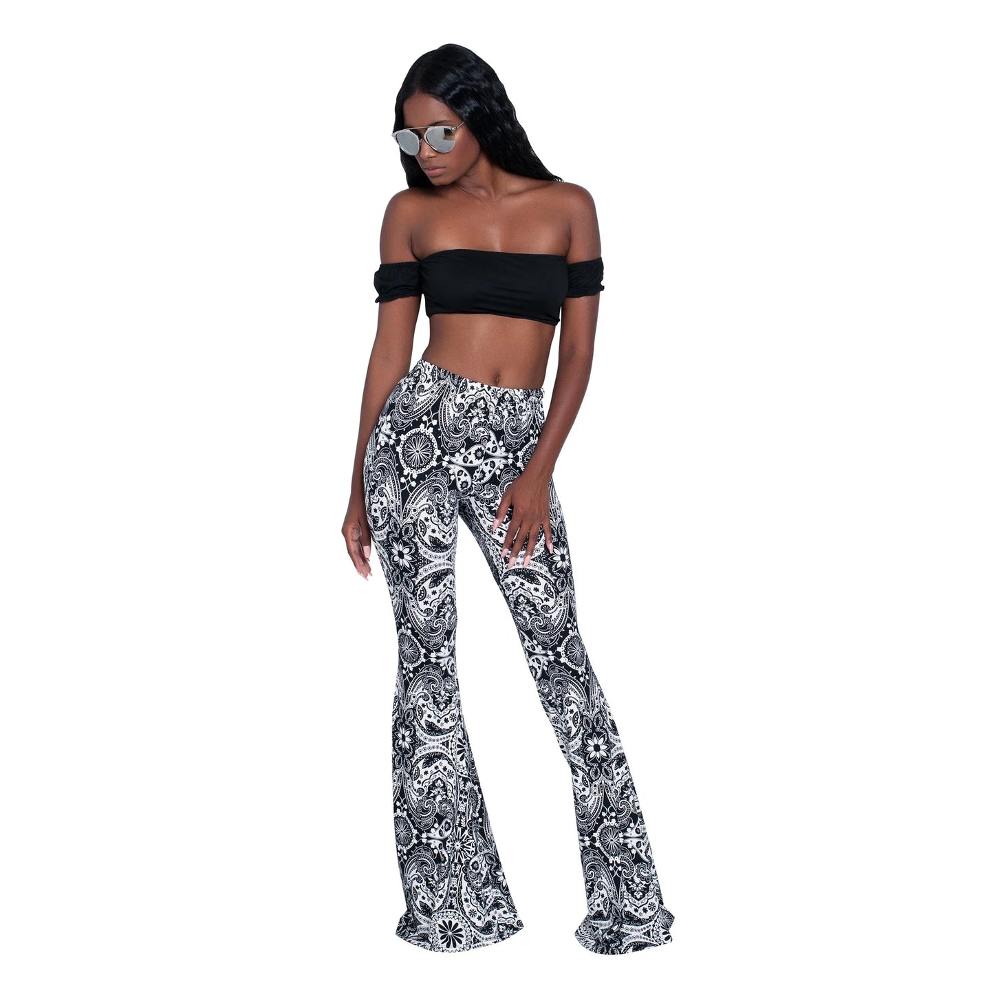 Damen Yoga Hose Bootcut Hüftjeans Schlaghose Flared Leggins Flower Power Retro
