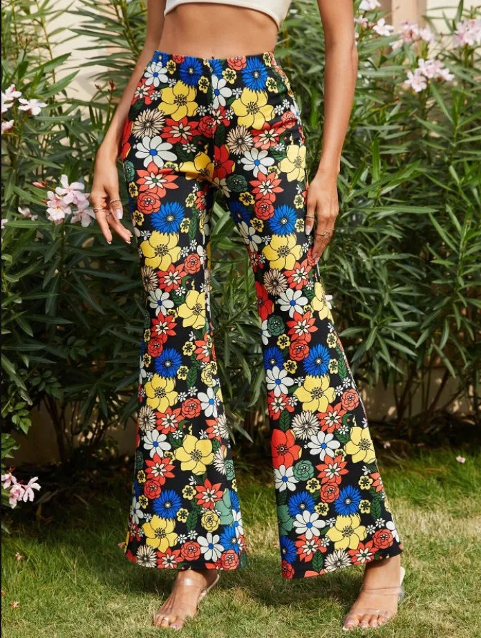 Damen Yoga Hose Bootcut Hüftjeans Schlaghose Flared Leggins Flower Power Retro