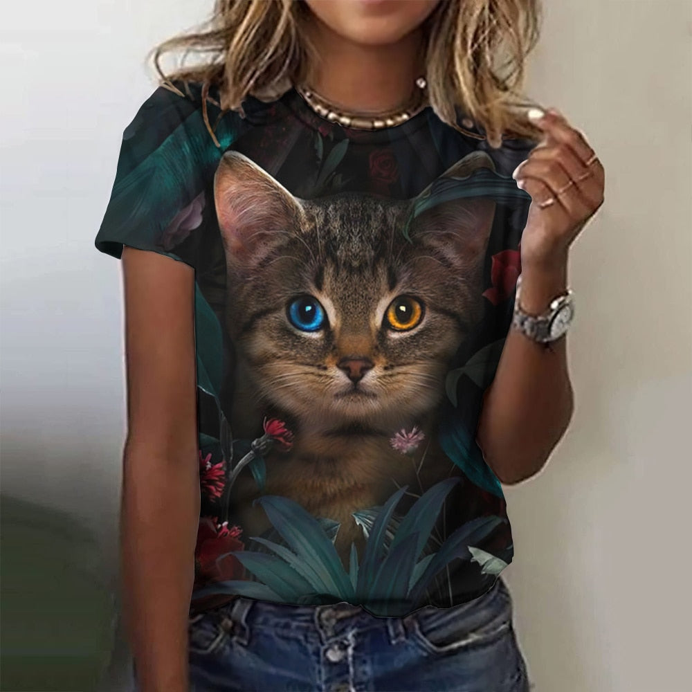 Damen Sommer Top 3D Katzen T-Shirt Rundhals Streetwear lockeres Damentop