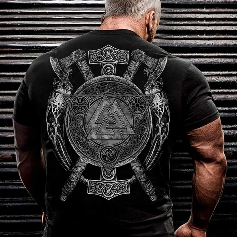 Herren Gym Fitness Vikings Tattoo 3D T-Shirt Rundhals Unisex Streetwear