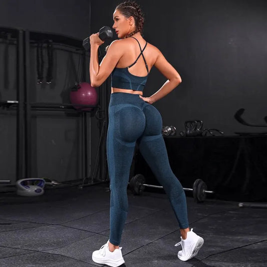 Damen Leggings Push Up Stretch Leggins Yoga Fitness Hose Sport BH Set Top Gym