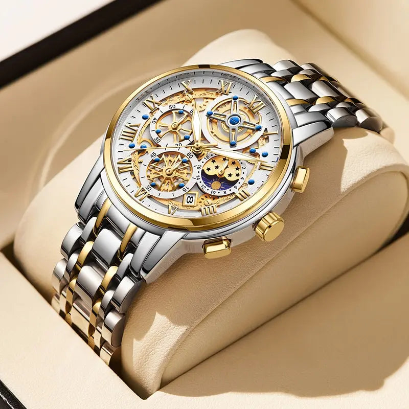 Herren Armbanduhr Silber Schwarz Edelstahl Quarzuhr Luxus Chronograph Business
