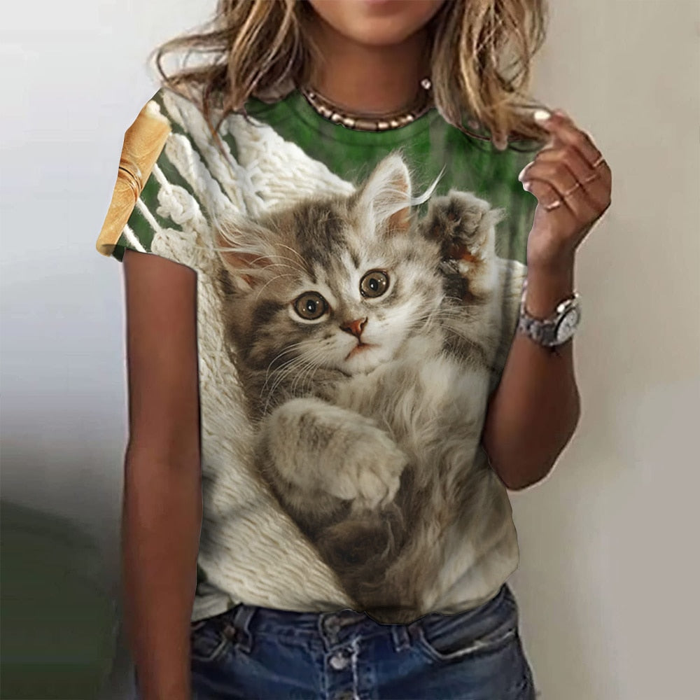 Damen Sommer Top 3D Katzen T-Shirt Rundhals Streetwear lockeres Damentop