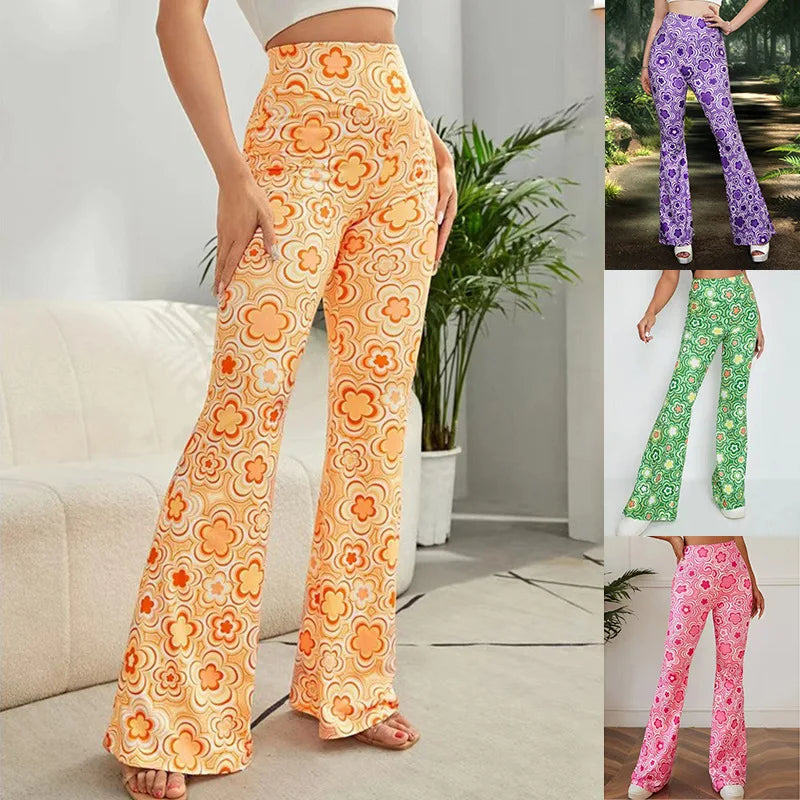 Damen Yoga Hose Bootcut Hüftjeans Schlaghose Flared Leggins Flower Power Retro