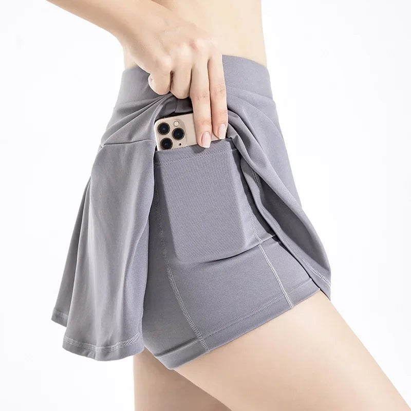 Damen Tennis-Rock mit Innenhose Sportrock Laufrock Gym Fitness Shorts mit Tasche
