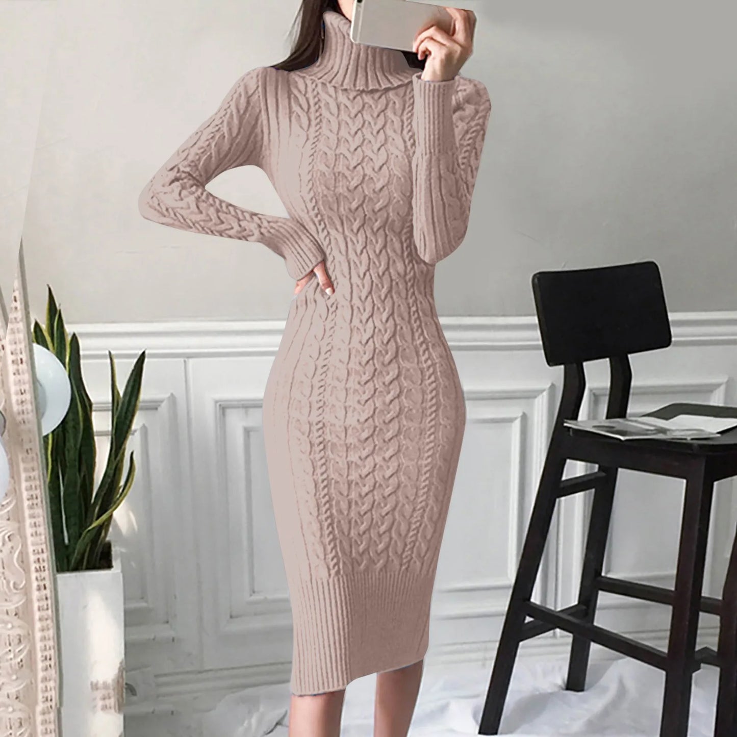 Damen Wollkleid Rollkragen Stiefelkleid Herbstkleid Winterkleid Strickkleid Long