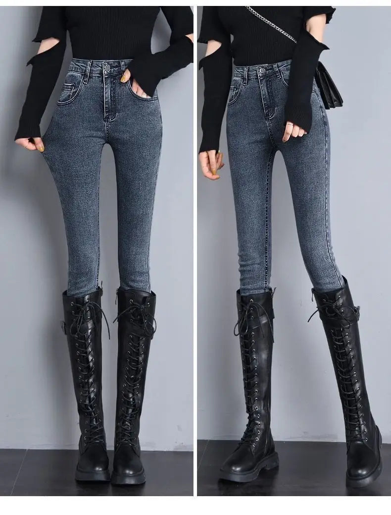 Damen Winter Warm Thermo Jeans Hose Innenfleece Stretch Hosen Leggins Denim