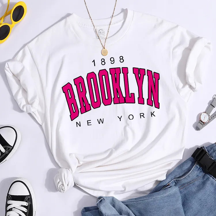 Damen Sommer Top Brooklyn New York T-Shirt Rundhals Streetwear lockeres Damentop