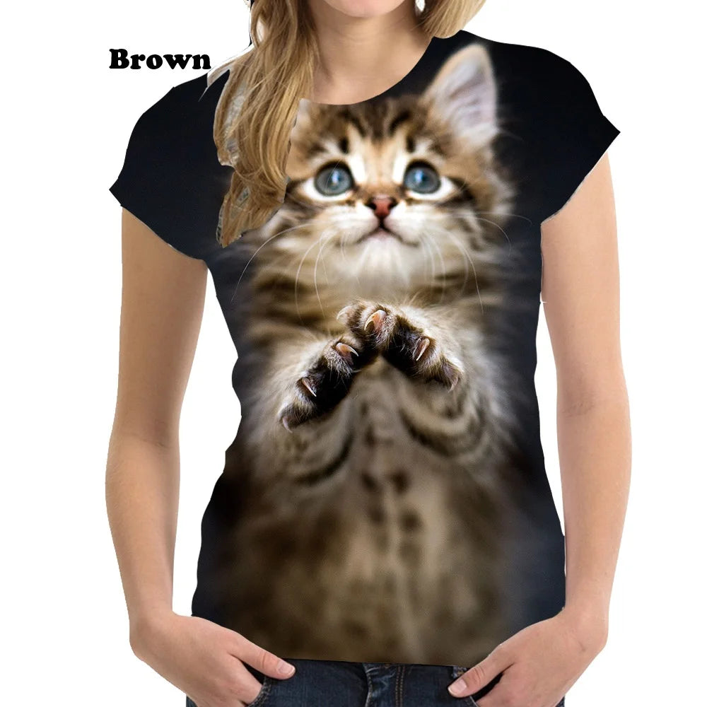 Damen T-Shirt Sommer Top Katzen Hemd Rundhals Streetwear lockeres Damentop