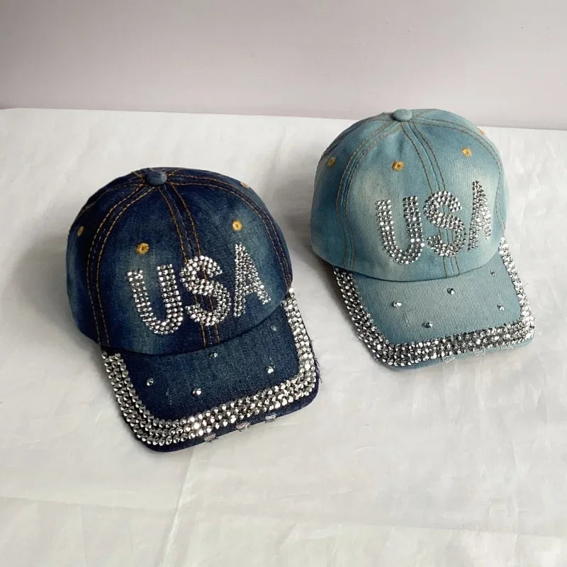 Jeans Basecap Cappy Denim Look Cap Kappe LOVE Strass gebogen Herren Damen