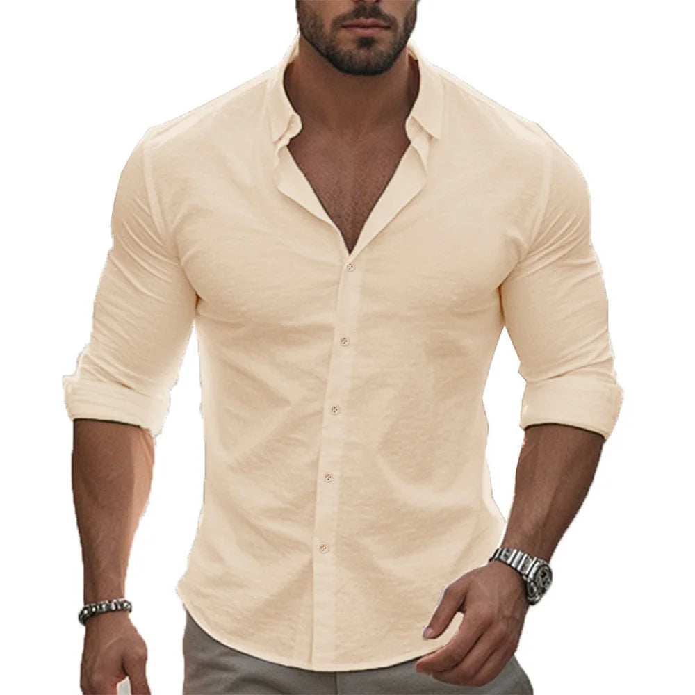 Herren Poloshirt Leinenhemd Langarm T-Shirt Leinen Hemd Polohemd Freizeithemd