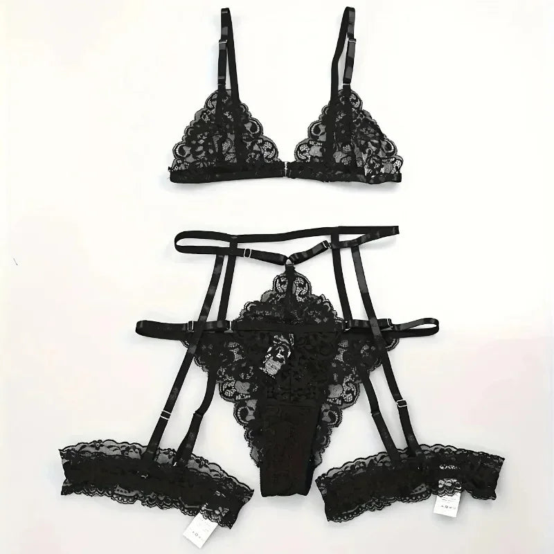 3 Stk BH Set Damen Sexy Spitze Dessous Bodysuit Body Unterwäsche Schwarz Tanga
