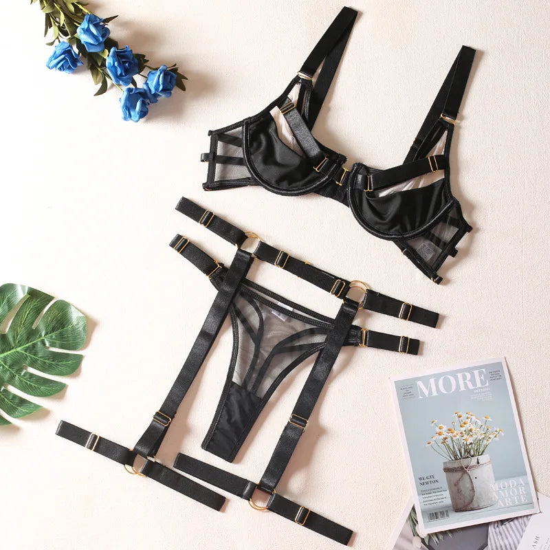5 Stk BH Set Damen Sexy Spitze Dessous Bodysuit Body Unterwäsche Schwarz Tanga