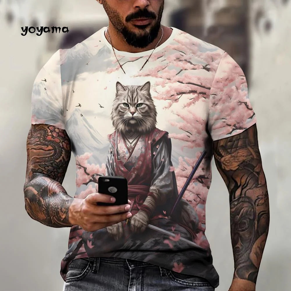 Japanische Samurai Katze Muster männer T-Shirt 3D Spaß Druck Kurzarm Sommer T-Shirt Harajuku Tops männer Straße Casual kleidung
