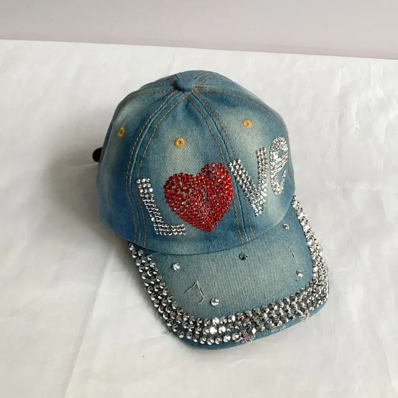Jeans Basecap Cappy Denim Look Cap Kappe LOVE Strass gebogen Herren Damen