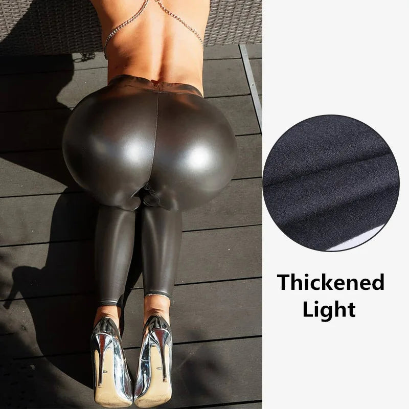 Damen Dünne Leggings Glänzende Latex Stretch Hose Nachtclub Sexy Hoch Tailliert