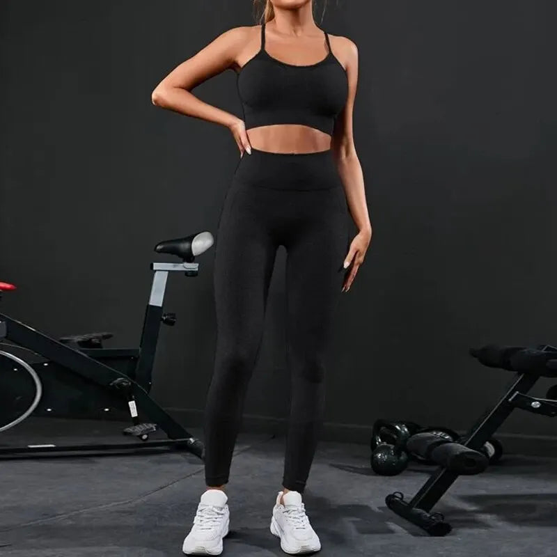 Damen Leggings Push Up Stretch Leggins Yoga Fitness Hose Sport BH Set Top Gym
