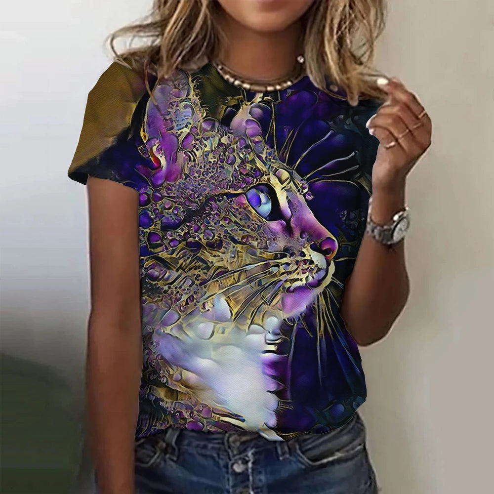 Damen Sommer Top 3D Katzen T-Shirt Rundhals Streetwear lockeres Damentop Bluse