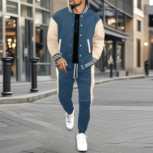 Vintage-Streetwear im Baseball-Stil im Herbst und Winter, farblich passende Patchwork-Jacke für Herren und konische Hose als trendige Kombi