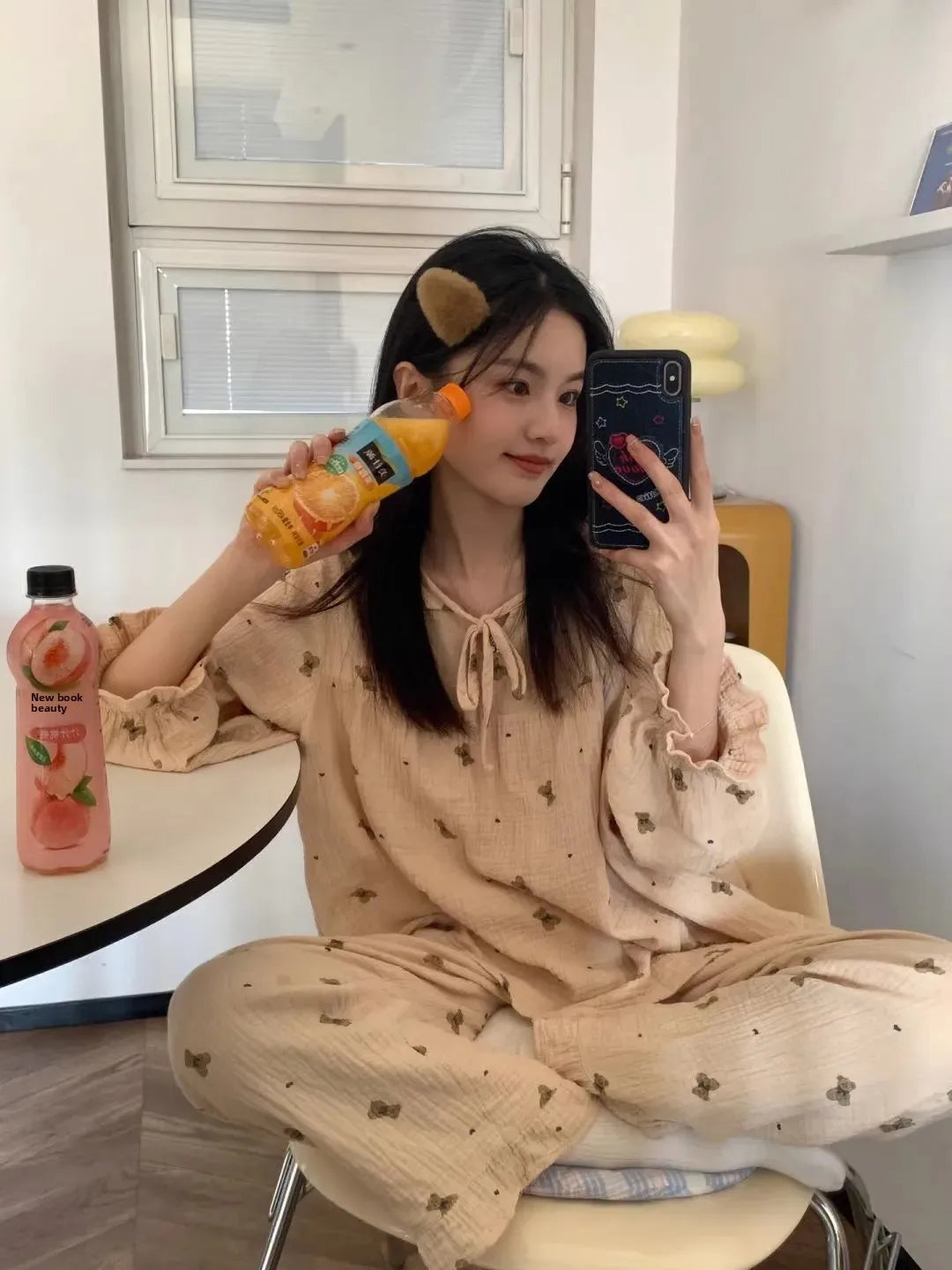 Women's Long Sleeve Sleepwear Bear Polka Dot Home Clothes Autumn Winter New Style Comfortable Nightgown Pants Set