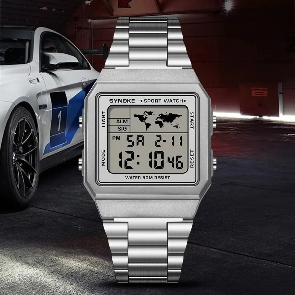 Herren Armbanduhr Digital Uhr Silber Edelstahl Quarzuhr Luxus Chronograph