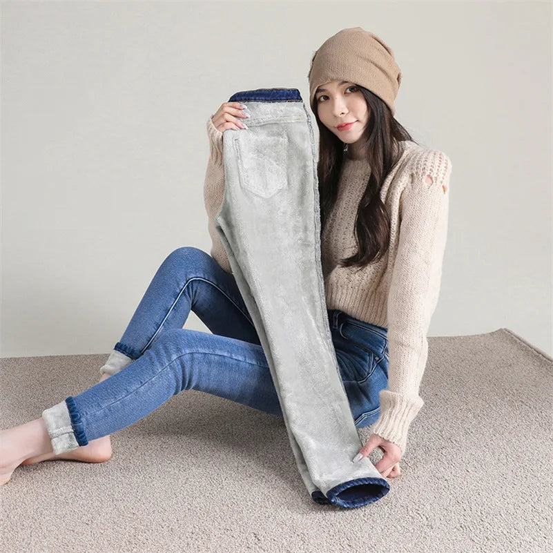 Damen Winter Warm Thermo Jeans Hose Innenfleece Stretch Hosen Leggins Denim