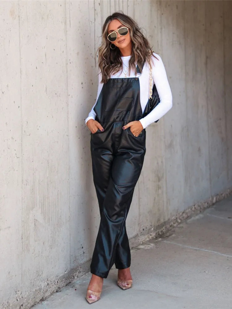 Damen Fashion Hose Latzhose Schlaghose PU Lederhose Flare Trägerhose Overall