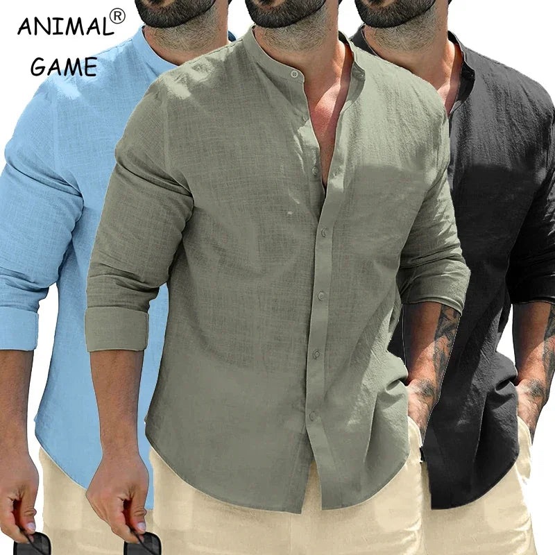 Herren Poloshirt Leinenhemd Langarm T-Shirt Leinen Hemd Polohemd Freizeithemd