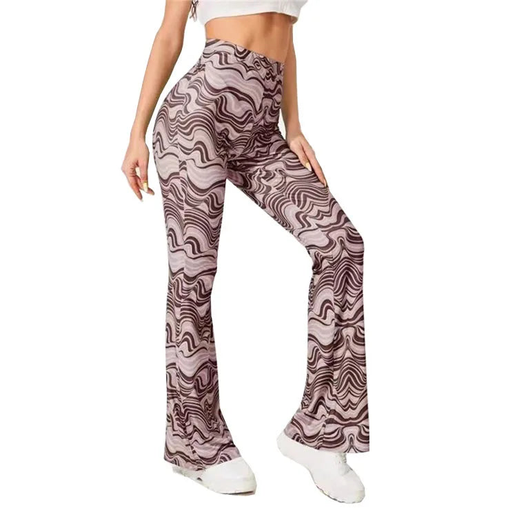 Damen Yoga Hose Bootcut Hüftjeans Schlaghose Flared Leggins Flower Power Retro