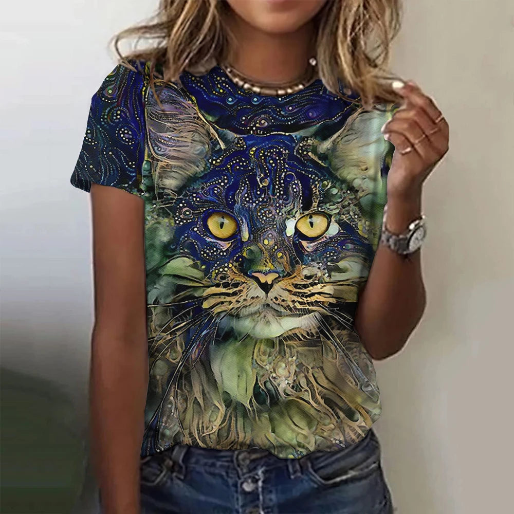 Damen Sommer Top 3D Katzen T-Shirt Rundhals Streetwear lockeres Damentop Bluse