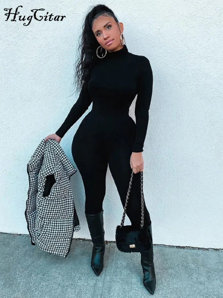 Damen Overall Strampler Stretch Leggings Langarm Rollkragen Bodycon Top