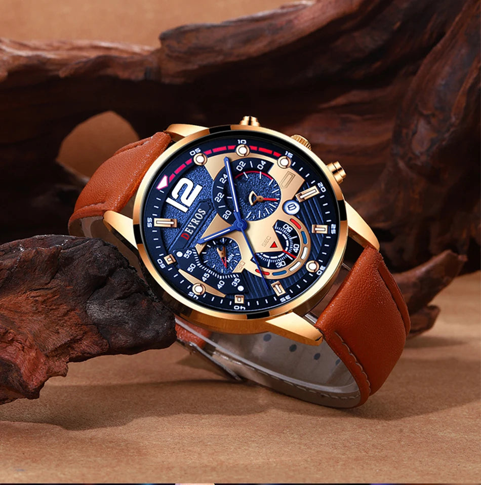 Stilvolle Herren Armbanduhr mit Kunstleder Armband Set Luxus Quarz Uhr