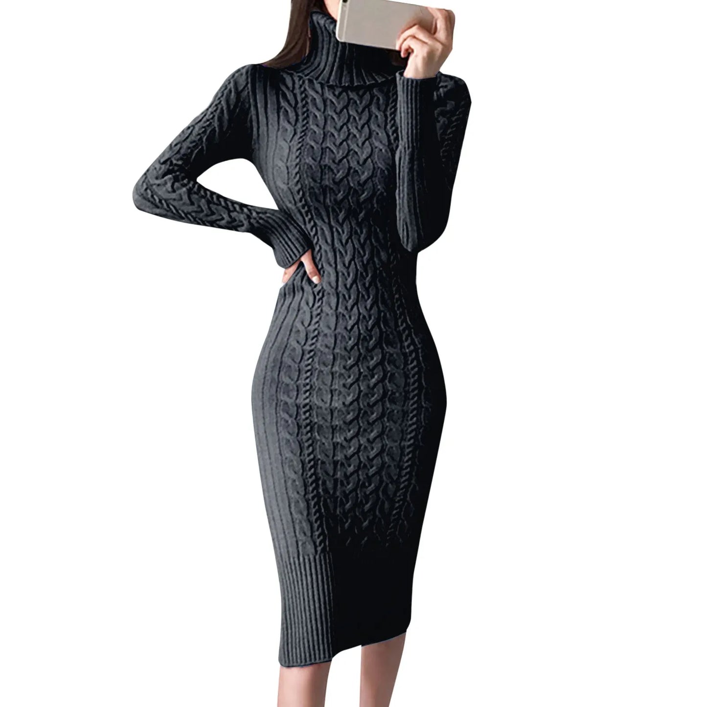 Damen Wollkleid Rollkragen Stiefelkleid Herbstkleid Winterkleid Strickkleid Long