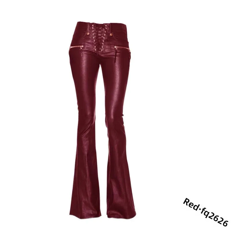 Sexy Damen Fashion Gothic Punk Hose PU Lederhose Reißverschluss Schlaghosen