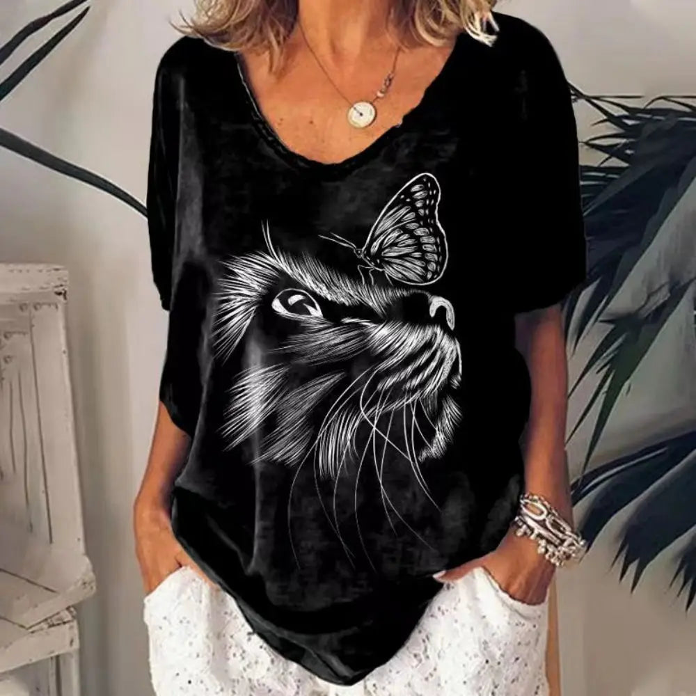 Damen Sommer Top 3D Katzen T-Shirt Rundhals Streetwear lockeres Damentop Bluse