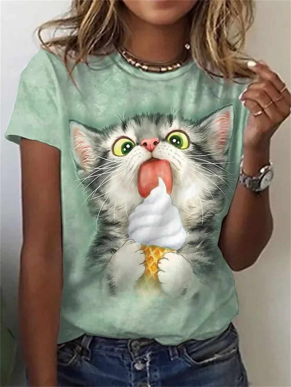 Damen Sommer Top 3D Katzen T-Shirt Rundhals Streetwear lockeres Damentop