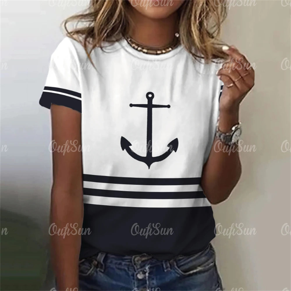 Damen Sommer Top Anker T-Shirt Rundhals Streetwear lockeres Damentop Anker-Motiv