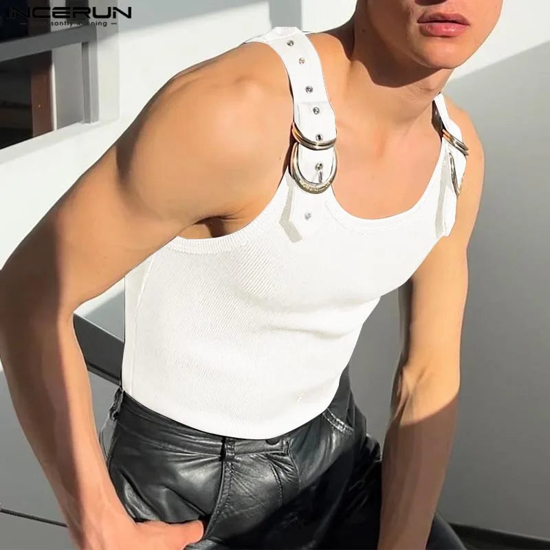 INCERUN Tops Amerikanischen Stil, Mode, Neue Männer Dekonstruktion Design Metall Schnalle Mesh Westen Casual Streetwear Männlich Solide Tank Tops