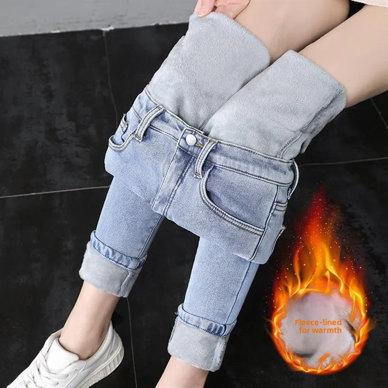 Damen Winter Warm Thermo Jeans Hose Innenfleece Stretch Hosen Leggins Denim